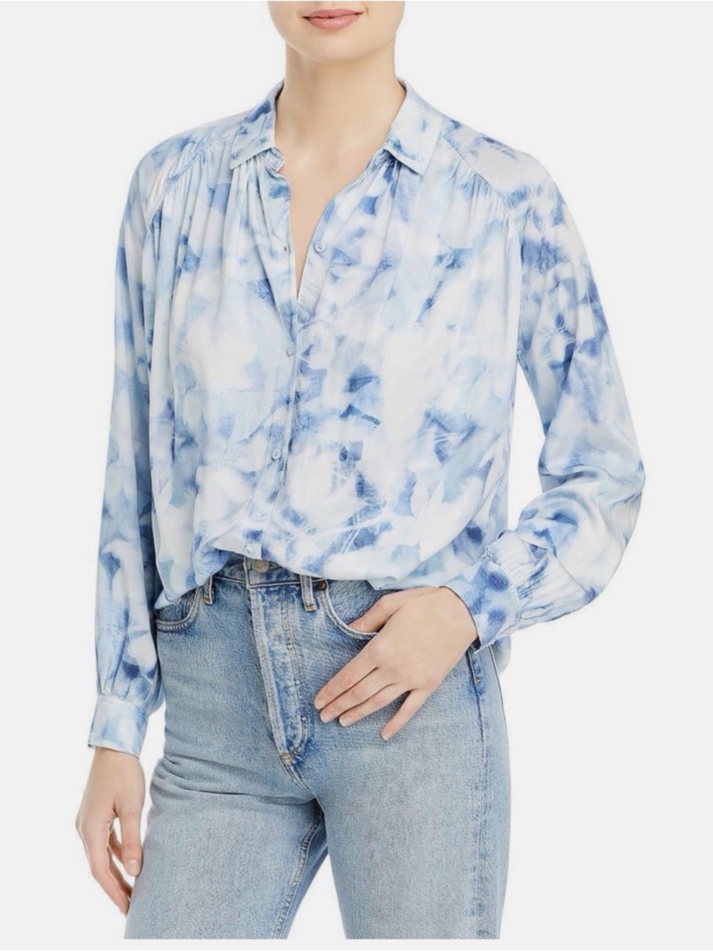 Bella Dahl Light Blue and White Tie Dye Button Down Collared Flowy Blouse, Small